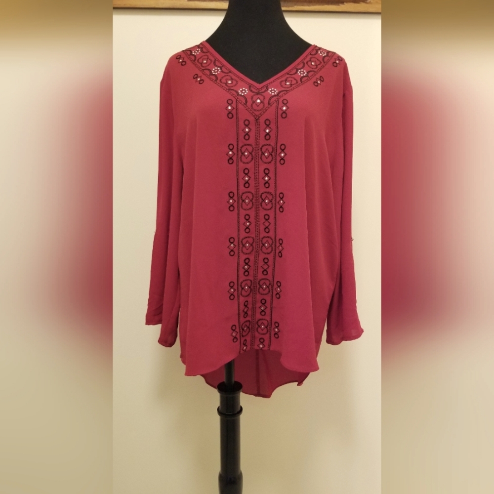 V-Neck Red Black Embroider Silver Stud Top by Cato NWOT